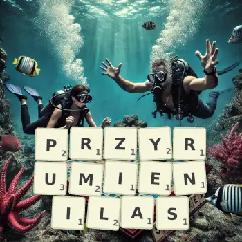 Kreatywna ilustracja do gry w Scrabble ze słowem PRZYRUMIENILAS ułożonym z płytek na planszy.