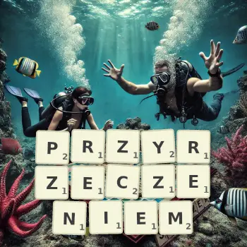 Kreatywna ilustracja do gry w Scrabble ze słowem PRZYRZECZENIEM ułożonym z płytek na planszy.