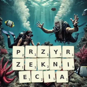 Kreatywna ilustracja do gry w Scrabble ze słowem PRZYRZEKNIECIA ułożonym z płytek na planszy.