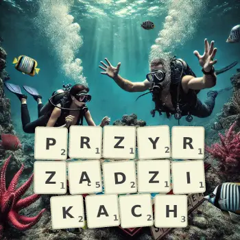 Kreatywna ilustracja do gry w Scrabble ze słowem PRZYRZĄDZIKACH ułożonym z płytek na planszy.