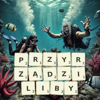 Kreatywna ilustracja do gry w Scrabble ze słowem PRZYRZĄDZILIBY ułożonym z płytek na planszy.