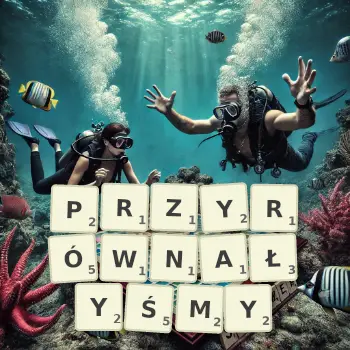 Kreatywna ilustracja do gry w Scrabble ze słowem PRZYRÓWNAŁYŚMY ułożonym z płytek na planszy.