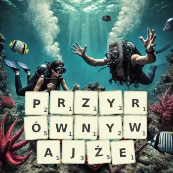 Kreatywna ilustracja do gry w Scrabble ze słowem PRZYRÓWNYWAJŻE ułożonym z płytek na planszy.