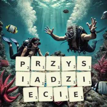 Kreatywna ilustracja do gry w Scrabble ze słowem PRZYSIADZIECIE ułożonym z płytek na planszy.