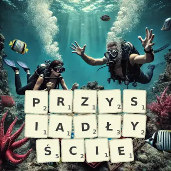 Kreatywna ilustracja do gry w Scrabble ze słowem PRZYSIADŁYŚCIE ułożonym z płytek na planszy.