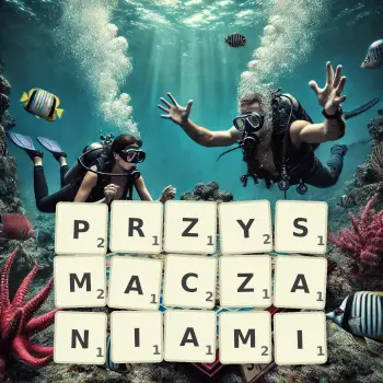 Kreatywna ilustracja do gry w Scrabble ze słowem PRZYSMACZANIAMI ułożonym z płytek na planszy.