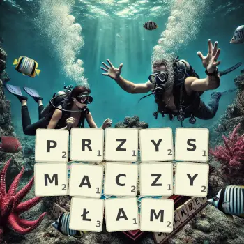 Kreatywna ilustracja do gry w Scrabble ze słowem PRZYSMACZYŁAM ułożonym z płytek na planszy.