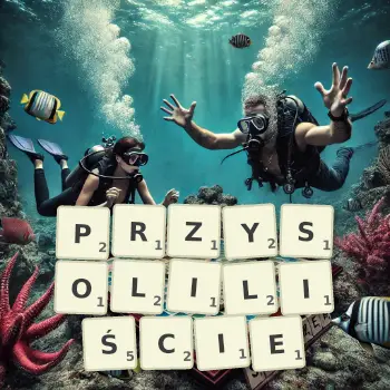 Kreatywna ilustracja do gry w Scrabble ze słowem PRZYSOLILIŚCIE ułożonym z płytek na planszy.
