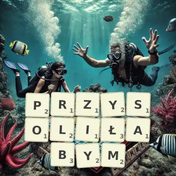 Kreatywna ilustracja do gry w Scrabble ze słowem PRZYSOLIŁABYM ułożonym z płytek na planszy.