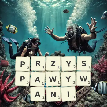 Kreatywna ilustracja do gry w Scrabble ze słowem PRZYSPAWYWANI ułożonym z płytek na planszy.