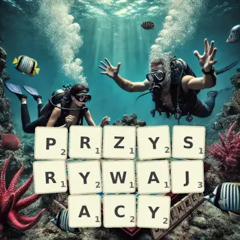 Kreatywna ilustracja do gry w Scrabble ze słowem PRZYSRYWAJACY ułożonym z płytek na planszy.