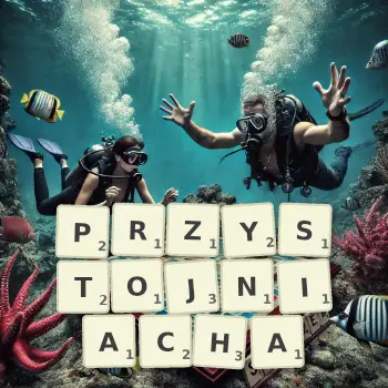 Kreatywna ilustracja do gry w Scrabble ze słowem PRZYSTOJNIACHA ułożonym z płytek na planszy.