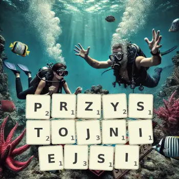Kreatywna ilustracja do gry w Scrabble ze słowem PRZYSTOJNIEJSI ułożonym z płytek na planszy.