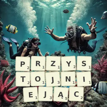 Kreatywna ilustracja do gry w Scrabble ze słowem PRZYSTOJNIEJĄC ułożonym z płytek na planszy.