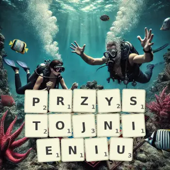 Kreatywna ilustracja do gry w Scrabble ze słowem PRZYSTOJNIENIU ułożonym z płytek na planszy.