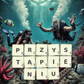 Kreatywna ilustracja do gry w Scrabble ze słowem PRZYSTĄPIENIU ułożonym z płytek na planszy.