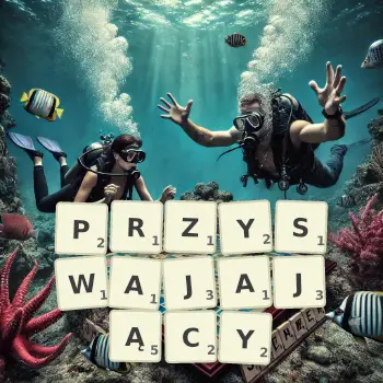 Kreatywna ilustracja do gry w Scrabble ze słowem PRZYSWAJAJĄCY ułożonym z płytek na planszy.
