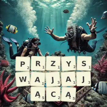 Kreatywna ilustracja do gry w Scrabble ze słowem PRZYSWAJAJĄCĄ ułożonym z płytek na planszy.