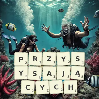Kreatywna ilustracja do gry w Scrabble ze słowem PRZYSYSAJĄCYCH ułożonym z płytek na planszy.