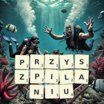 Kreatywna ilustracja do gry w Scrabble ze słowem PRZYSZPILANIU ułożonym z płytek na planszy.