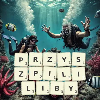 Kreatywna ilustracja do gry w Scrabble ze słowem PRZYSZPILILIBY ułożonym z płytek na planszy.