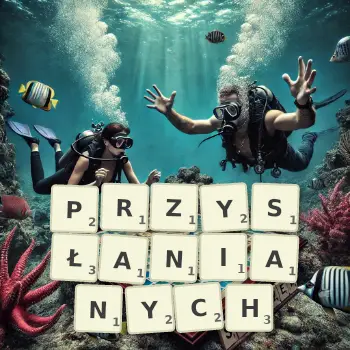Kreatywna ilustracja do gry w Scrabble ze słowem PRZYSŁANIANYCH ułożonym z płytek na planszy.