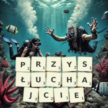 Kreatywna ilustracja do gry w Scrabble ze słowem PRZYSŁUCHAJCIE ułożonym z płytek na planszy.