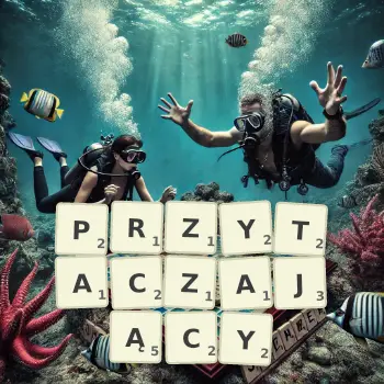 Kreatywna ilustracja do gry w Scrabble ze słowem PRZYTACZAJĄCY ułożonym z płytek na planszy.