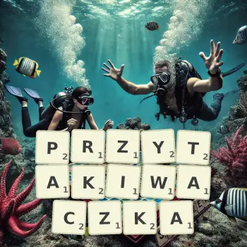Kreatywna ilustracja do gry w Scrabble ze słowem PRZYTAKIWACZKA ułożonym z płytek na planszy.