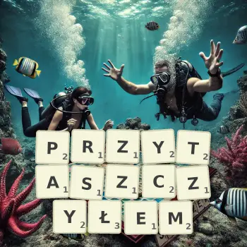 Kreatywna ilustracja do gry w Scrabble ze słowem PRZYTASZCZYŁEM ułożonym z płytek na planszy.