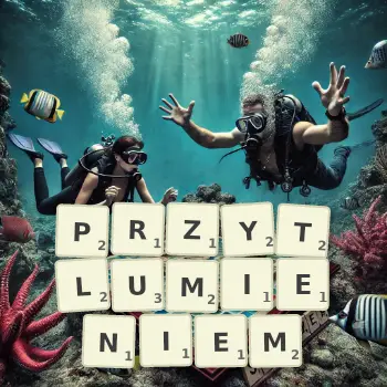 Kreatywna ilustracja do gry w Scrabble ze słowem PRZYTLUMIENIEM ułożonym z płytek na planszy.