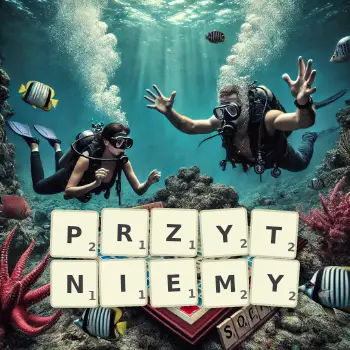 Kreatywna ilustracja do gry w Scrabble ze słowem PRZYTNIEMY ułożonym z płytek na planszy.
