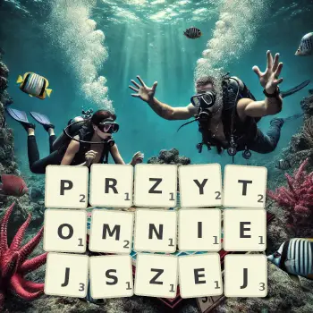 Kreatywna ilustracja do gry w Scrabble ze słowem PRZYTOMNIEJSZEJ ułożonym z płytek na planszy.