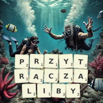 Kreatywna ilustracja do gry w Scrabble ze słowem PRZYTRACZALIBY ułożonym z płytek na planszy.