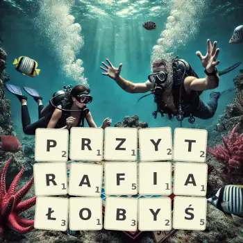 Kreatywna ilustracja do gry w Scrabble ze słowem PRZYTRAFIAŁOBYŚ ułożonym z płytek na planszy.