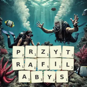 Kreatywna ilustracja do gry w Scrabble ze słowem PRZYTRAFILABYS ułożonym z płytek na planszy.