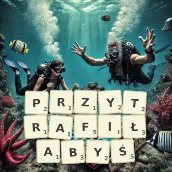 Kreatywna ilustracja do gry w Scrabble ze słowem PRZYTRAFIŁABYŚ ułożonym z płytek na planszy.