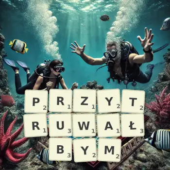 Kreatywna ilustracja do gry w Scrabble ze słowem PRZYTRUWAŁBYM ułożonym z płytek na planszy.