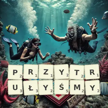 Kreatywna ilustracja do gry w Scrabble ze słowem PRZYTRUŁYŚMY ułożonym z płytek na planszy.