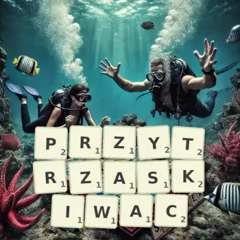 Kreatywna ilustracja do gry w Scrabble ze słowem PRZYTRZASKIWAC ułożonym z płytek na planszy.