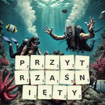 Kreatywna ilustracja do gry w Scrabble ze słowem PRZYTRZAŚNIĘTY ułożonym z płytek na planszy.