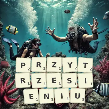 Kreatywna ilustracja do gry w Scrabble ze słowem PRZYTRZESIENIU ułożonym z płytek na planszy.