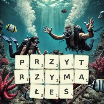 Kreatywna ilustracja do gry w Scrabble ze słowem PRZYTRZYMAŁEŚ ułożonym z płytek na planszy.