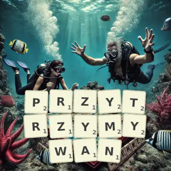 Kreatywna ilustracja do gry w Scrabble ze słowem PRZYTRZYMYWAN ułożonym z płytek na planszy.