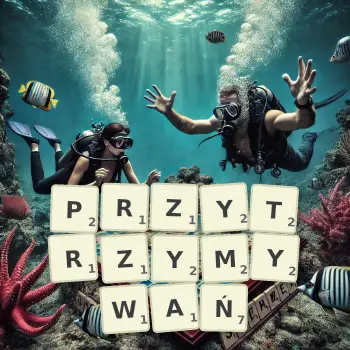 Kreatywna ilustracja do gry w Scrabble ze słowem PRZYTRZYMYWAŃ ułożonym z płytek na planszy.