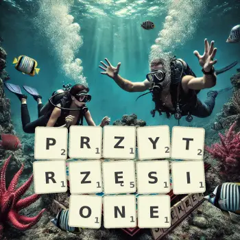 Kreatywna ilustracja do gry w Scrabble ze słowem PRZYTRZĘSIONE ułożonym z płytek na planszy.