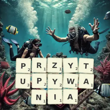Kreatywna ilustracja do gry w Scrabble ze słowem PRZYTUPYWANIA ułożonym z płytek na planszy.