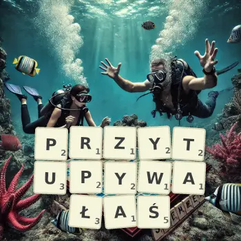 Kreatywna ilustracja do gry w Scrabble ze słowem PRZYTUPYWAŁAŚ ułożonym z płytek na planszy.
