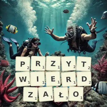 Kreatywna ilustracja do gry w Scrabble ze słowem PRZYTWIERDZAŁO ułożonym z płytek na planszy.