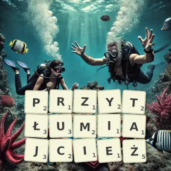 Kreatywna ilustracja do gry w Scrabble ze słowem PRZYTŁUMIAJCIEŻ ułożonym z płytek na planszy.